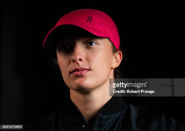 Iga Swiatek of Poland talks to the media after defeating Elina Svitolina of Ukraine in the third round on Day 4 of the Dubai Duty Free Tennis...