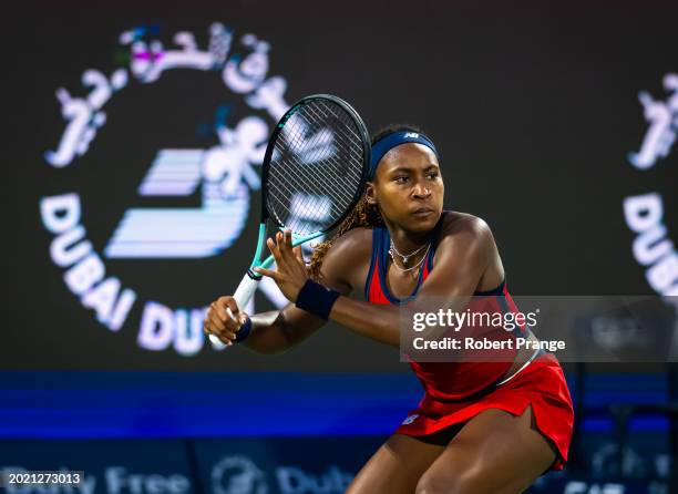 Coco Gauff of the United States in action against Karolina Pliskova of the Czech Republic in the third round on Day 4 of the Dubai Duty Free Tennis...