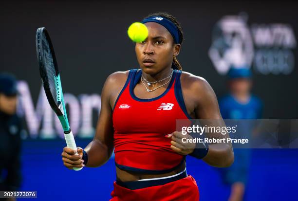 Coco Gauff of the United States in action against Karolina Pliskova of the Czech Republic in the third round on Day 4 of the Dubai Duty Free Tennis...