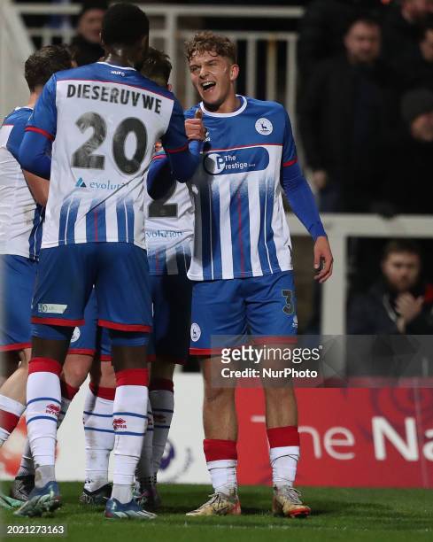 Louis Stephenson of Hartlepool United is celebrating with Mani Dieseruvwe after their third goal during the Vanarama National League match between...