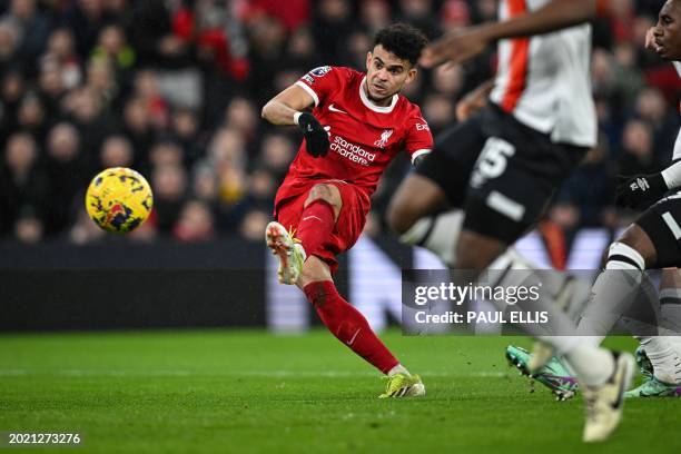 Liverpool's Colombian midfielder Luis Diaz shoots but misses to score during the English Premier League football match between Liverpool and Luton...