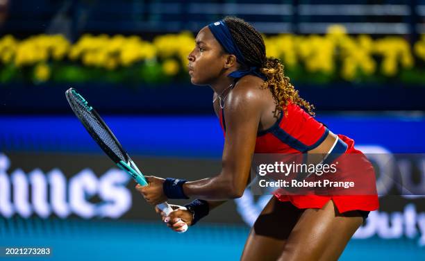 Coco Gauff of the United States in action against Karolina Pliskova of the Czech Republic in the third round on Day 4 of the Dubai Duty Free Tennis...