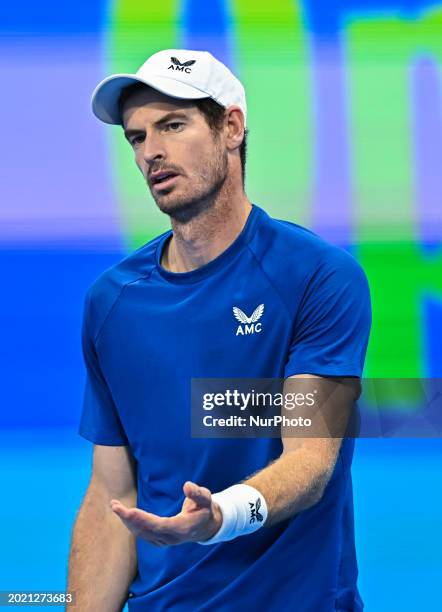 Andy Murray from Great Britain is playing in his round of 16 singles match against Jake Mensik from the Czech Republic at the ATP Qatar ExxonMobil...