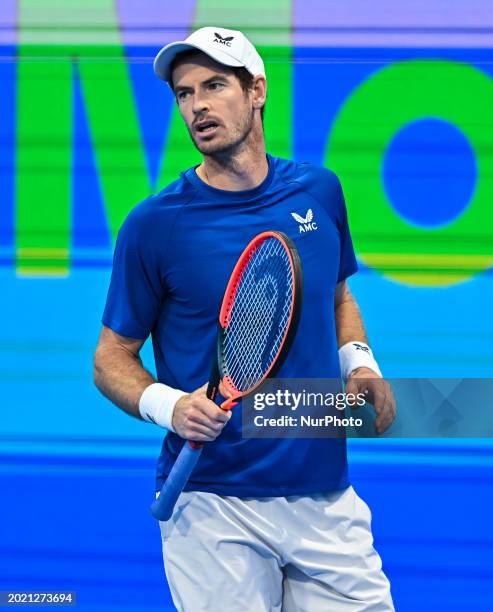 Andy Murray from Great Britain is playing in his round of 16 singles match against Jake Mensik from the Czech Republic at the ATP Qatar ExxonMobil...