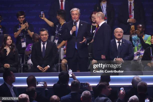 Kazakh President Kassym-Jomart Tokayev speaks as Russian President Vladimir Putin , Kyrgyz President Sadyr Japarov and Belarussian President...