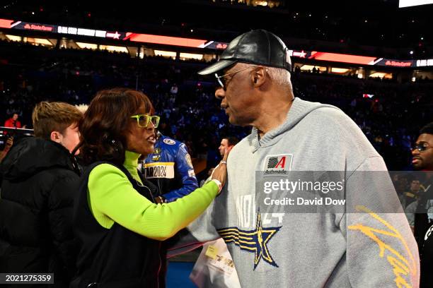 Gayle King greets Julius Erving as a part of State Farm All-Star Saturday Night on Saturday, February 17, 2024 at Lucas Oil Stadium in Indianapolis,...