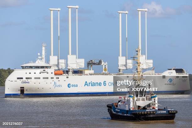 The Canopee sails into port after completing its Atlantic crossing carrying components of Europe's Ariane 6 launcher, near in Kourou on February 21,...