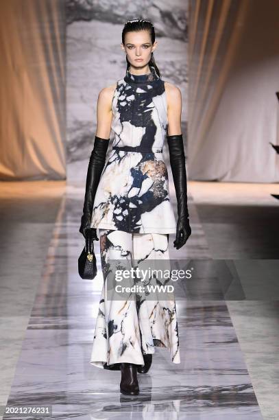 Model on the runway at Roberto Cavalli RTW Fall 2024 as part of Milan Ready to Wear Fashion Week held at Piazza degli Affari on February 21, 2024 in...