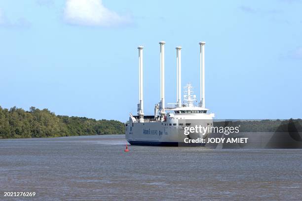 The Canopee sails into port after completing its Atlantic crossing carrying components of Europe's Ariane 6 launcher, near in Kourou on February 21,...