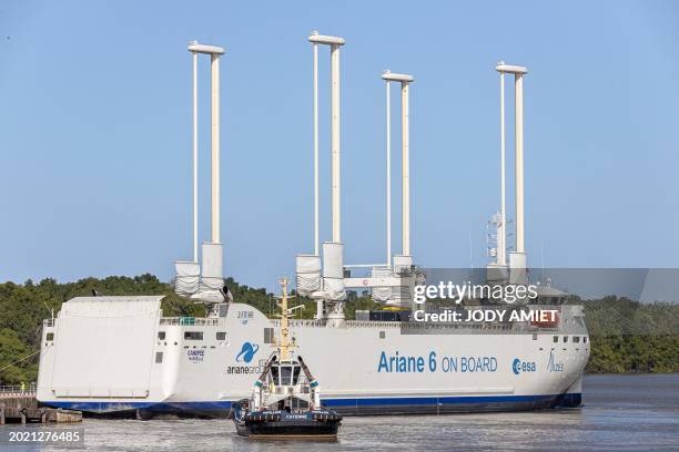 The Canopee arrives into port after completing its Atlantic crossing carrying components of Europe's Ariane 6 launcher, near in Kourou on February...