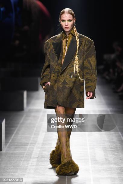 Model on the runway at Etro RTW Fall 2024 as part of Milan Ready to Wear Fashion Week held at Piazza Lina Bo Bardi on February 21, 2024 in Milan,...