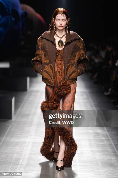 Model on the runway at Etro RTW Fall 2024 as part of Milan Ready to Wear Fashion Week held at Piazza Lina Bo Bardi on February 21, 2024 in Milan,...