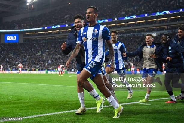 Porto's Brazilian midfielder Wenderson Galeno celebrates scoring a goal during the UEFA Champions League last 16 first leg football match between FC...