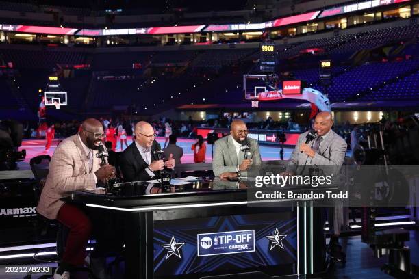 Shaquille O'Neal, Ernie Johnson, Kenny Smith and Charles Barkley from TNT talk as a part of State Farm All-Star Saturday Night on Saturday, February...