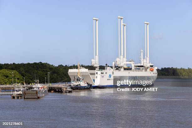 The Canopee arrives into port after completing its Atlantic crossing carrying components of Europe's Ariane 6 launcher, near in Kourou on February...