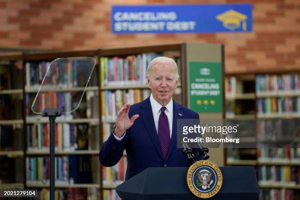 President Joe Biden speaks at the Culver City Julian Dixon Library in Culver City, California, US, on Wednesday, Feb. 21, 2024. Biden's...