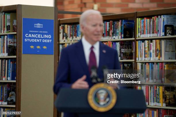 President Joe Biden speaks at the Culver City Julian Dixon Library in Culver City, California, US, on Wednesday, Feb. 21, 2024. Biden's...