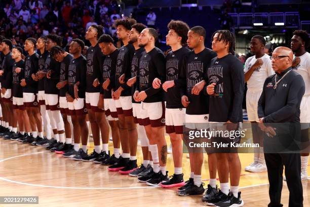 Virginia Union stands for the National Anthem before the game against the Winston-Salem State during the NBA HBCU Classic Presented by AT&T as part...