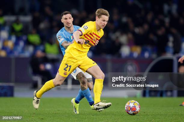 Matteo Politano of SSC Napoli Frenkie de Jong of FC Barcelona during the UEFA Champions League match between Napoli v FC Barcelona at the Stadio...