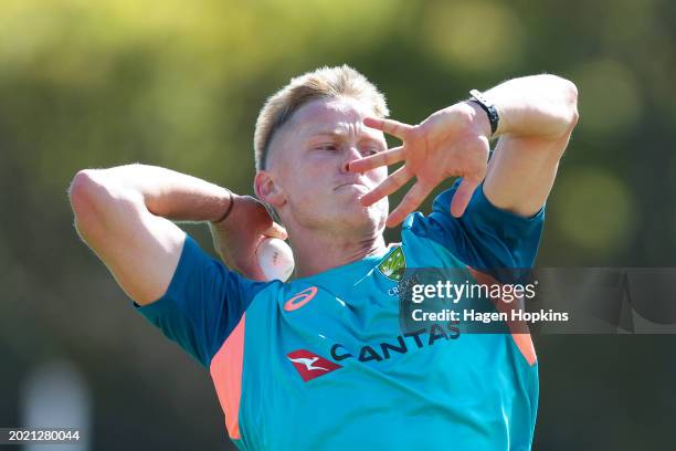Nathan Ellis bowls during an Australia training session ahead of the Men's T20 International series between New Zealand and Australia at Basin...