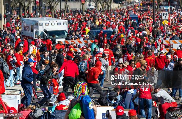 After gunfire broke out, some people took cover and others fled during the Kansas City Chiefs Super Bowl rally on Feb. 14 at Union Station in Kansas...