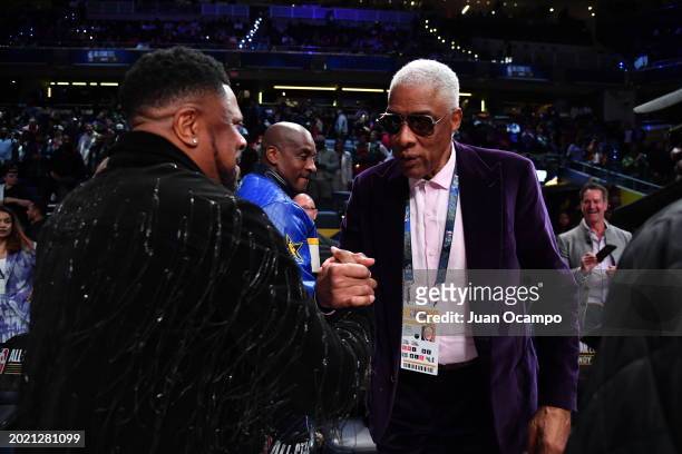 Chris Tucker shakes hands with Julius Erving during the NBA All-Star Game as part of NBA All-Star Weekend on Sunday, February 18, 2024 at Gainbridge...