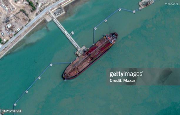 Maxar closeup satellite imagery of the Fortune Galaxy Mahshahr Oil Terminal in Iran. Please use: Satellite image 2024 Maxar Technologies.