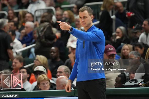 Duke Blue Devils head coach Jon Scheyer directs a player during the game between the Duke Blue Devils and the Miami Hurricanes on Wednesday, February...