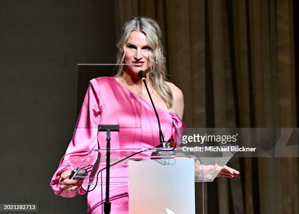 Brigitta Romanov speaks onstage at the 26th Costume Designers Guild Awards held at Neuehouse Hollywood on February 21, 2024 in Los Angeles,...