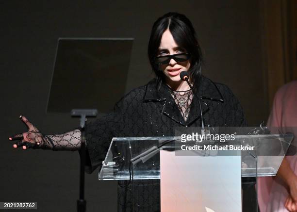 Billie Eilish speaks onstage at the 26th Costume Designers Guild Awards held at Neuehouse Hollywood on February 21, 2024 in Los Angeles, California.