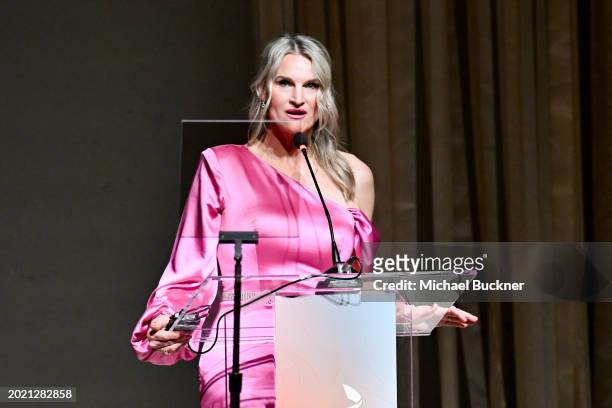 Brigitta Romanov speaks onstage at the 26th Costume Designers Guild Awards held at Neuehouse Hollywood on February 21, 2024 in Los Angeles,...