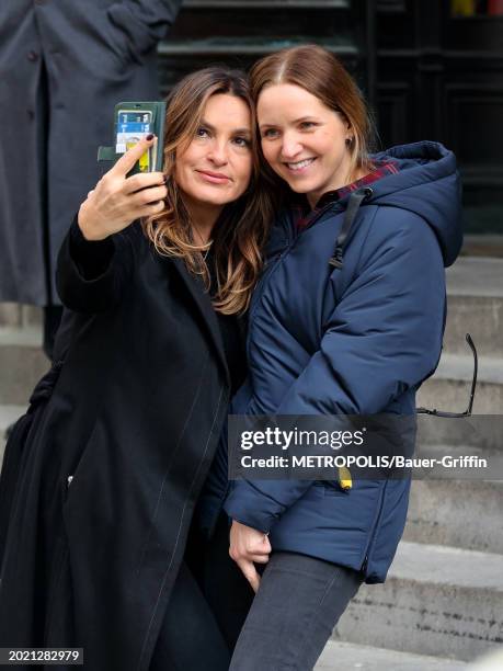 Mariska Hargitay and Jordana Spiro are seen at the film set of the 'Law and Order: Special Victims Unit' TV Series on February 21, 2024 in New York...