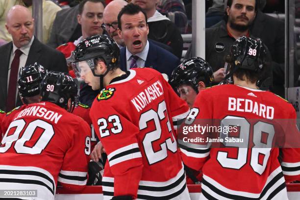 Head Coach Luke Richardson of the Chicago Blackhawks gives instructions to his team during a timeout in the third period against the Philadelphia...