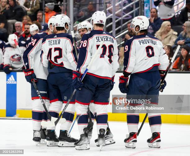 Sean Kuraly of the Columbus Blue Jackets celebrates his goal with teammates during the second period against the Anaheim Ducks at Honda Center on...