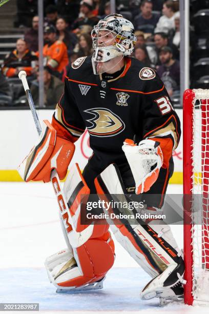 John Gibson of the Anaheim Ducks protects the goal during the second period against the Columbus Blue Jackets at Honda Center on February 21, 2024 in...