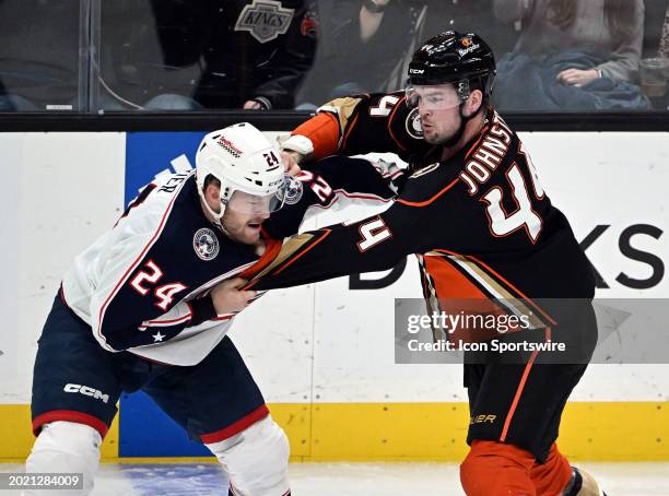 Columbus Blue Jackets right wing Mathieu Olivier and Anaheim Ducks Left Wing Ross Johnston fight during the second period an NHL hockey game played...