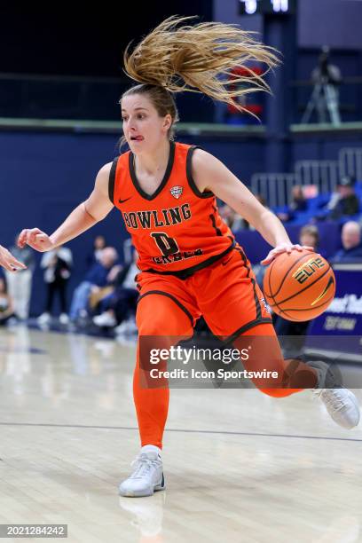 Bowling Green Falcons guard Morgan Sharps with the basketball during the first quarter of the woman's college basketball game between the Bowling...