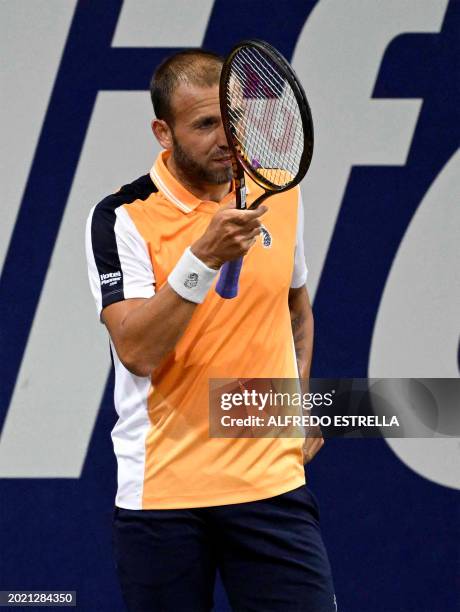 Britain's Daniel Evans reacts during his Mexico ATP Open 250 men's singles tennis match against Australia's Thanasi Kokkinakis at the Cabo Sports...