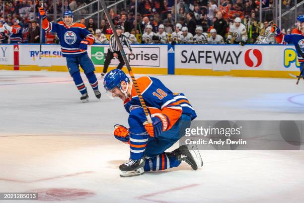 Zach Hyman of the Edmonton Oilers celebrates his third-period goal against the Boston Bruins during the game at Rogers Place on February 21 in...