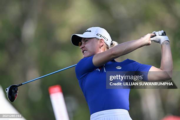 Charley Hull of England tees off during the first day of the 2024 Honda LPGA Thailand golf tournament at the Siam Country Club in Pattaya on February...