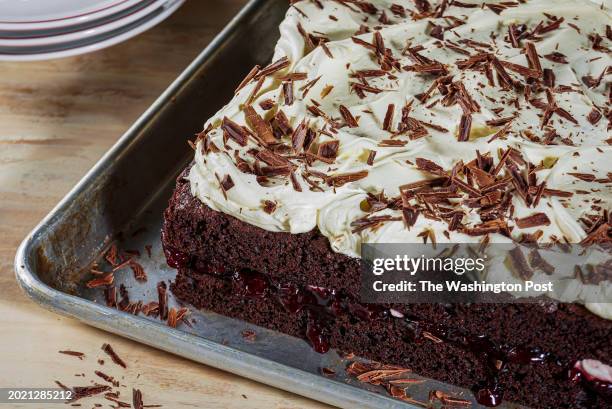 Sheet Pan Chocolate Cake With Cherries and Mascarpone Whipped Cream for How-To Sheet pan tips and tricks on February 12, 2024 in Washington, DC