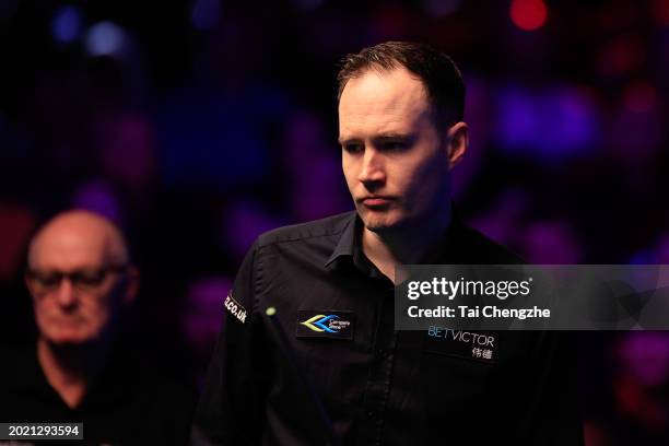 Martin O'Donnell of England reacts in the Final match against Gary Wilson of England on day seven of 2024 Betvictor Welsh Open at Venue Cymru on...