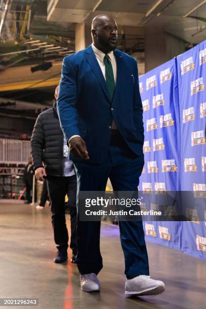 Shaquille O'Neal arrives prior to the 2024 NBA All-Star Game at Gainbridge Fieldhouse on February 18, 2024 in Indianapolis, Indiana. NOTE TO USER:...