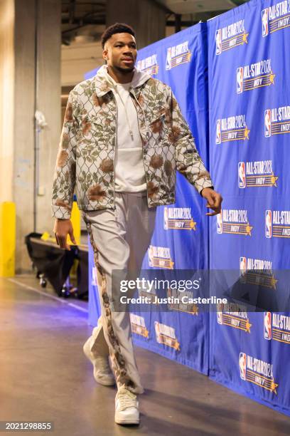 Giannis Antetokounmpo of the Milwaukee Bucks and Eastern Conference All-Stars arrives prior to the 2024 NBA All-Star Game at Gainbridge Fieldhouse on...