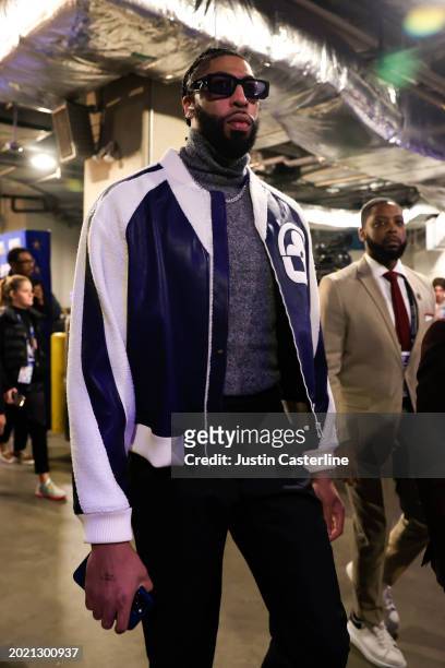 Anthony Davis of the Los Angeles Lakers and Western Conference All-Stars arrives prior to the 2024 NBA All-Star Game at Gainbridge Fieldhouse on...