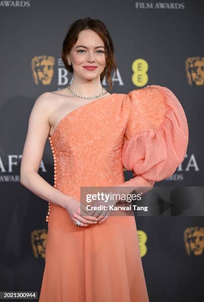 Emma Stone attends the 2024 EE BAFTA Film Awards at The Royal Festival Hall on February 18, 2024 in London, England.