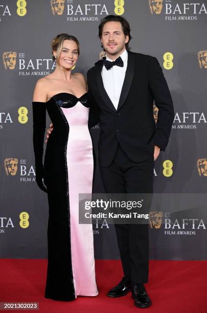 Margot Robbie and Tom Ackerley attend the 2024 EE BAFTA Film Awards at The Royal Festival Hall on February 18, 2024 in London, England.