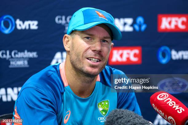 David Warner of Australia speaks to media during an Australia training session ahead of the Men's T20 International series between New Zealand and...