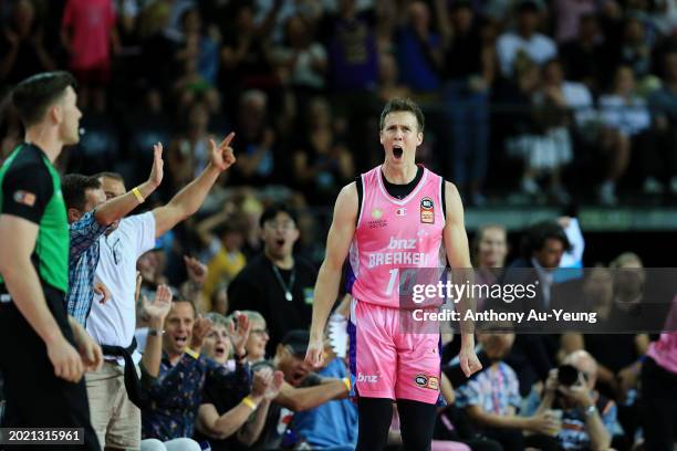 Tom Abercrombie of the Breakers celebrates after scoring a three pointer at the end of the 1st half during the round 20 NBL match between New Zealand...