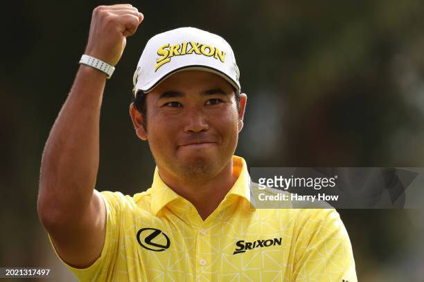 Hideki Matsuyama of Japan reacts during the trophy presentation after putting in to win on the 18th green during the final round of The Genesis...
